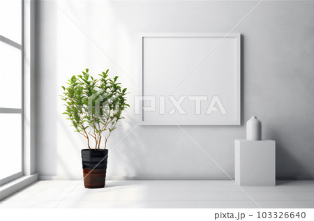 Empty frame mockup in minimalist interior with window and plant on grey sunlit wall background. Template for artwork, painting, photo or presentation. AI generated image. 103326640