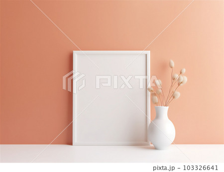 Empty square frame mockup in modern minimalist interior with plant in white vase on pastel peach color wall background. Template for artwork, painting, photo or presentation. AI generated image. Empty square frame mockup in modern minimalist interior with plant in white vase on pastel peach color wall background. Template for artwork, painting, photo or presentation. AI generated image. 103326641