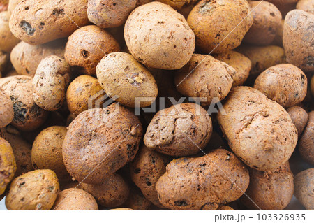 Expanded clay. small lumps of clay used in construction and for growing plants. 103326935