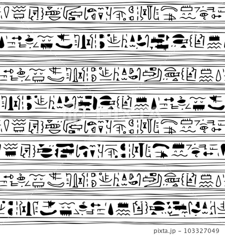 Line border abstract black white egyptian seamless modern pattern with fish, waves, face and other symbols like hieroglyphs 103327049