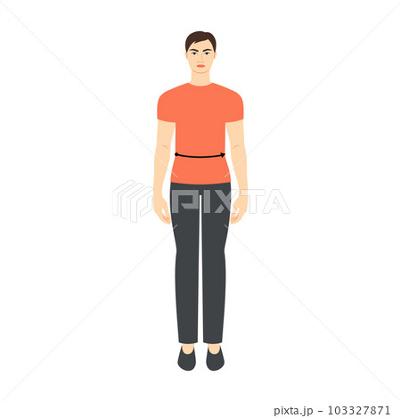 Men to do waist measurement body with arrows fashion Illustration for size chart. Flat male character front 8 head 103327871