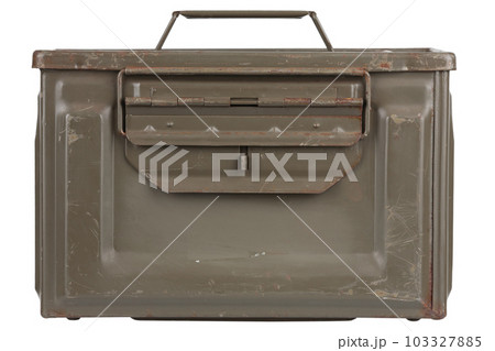 US army green metal .50 cal ammo box on white background. 103327885