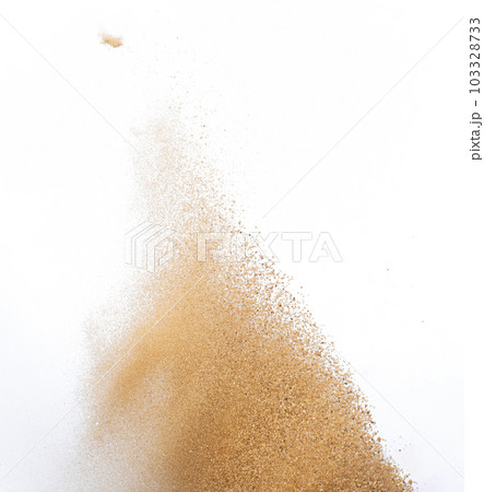 Sand flying explosion, Golden sand wave explode. Abstract sands cloud fly. Yellow colored sand splash throwing in Air. White background Isolated high speed shutter, throwing freeze stop motion 103328733