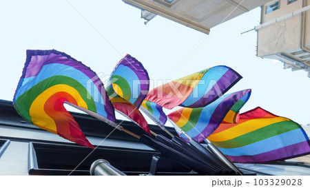 Pride rainbow lgbt gay flag being waved on sky background 103329028