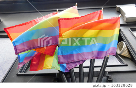 Pride rainbow lgbt gay flag being waved on wall background Pride rainbow lgbt gay flag being waved on wall background 103329029
