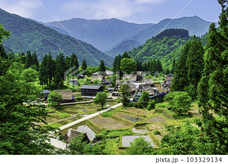 富山県　五箇山　相倉合掌造り集落　相倉展望台からの風景　世界遺産 103329134