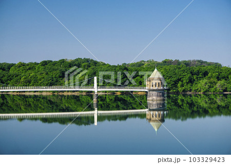 新緑の狭山丘陵内の狭山湖堰堤から見る取水塔と湖面 新緑の狭山丘陵内の狭山湖堰堤から見る取水塔と湖面 103329423