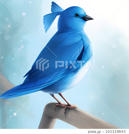 木の棒に青い鳥がとまっているところを、横から見た風景のイラスト素材