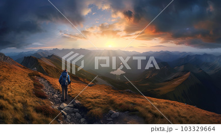 Hiker on mountain trail looks at landscape from top at sunset, generative AI 103329664