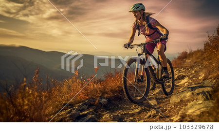 Woman riding bike on mountain trail, female cyclist on sports bicycle, generative AI Woman riding bike on mountain trail, female cyclist on sports bicycle, generative AI 103329678