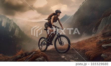 Woman riding bicycle on mountain trail, female cyclist on sports bike, generative AI. 103329680