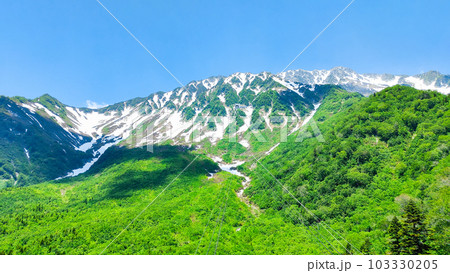 黒部平パノラマテラスから望む新緑の立山 黒部平パノラマテラスから望む新緑の立山 103330205