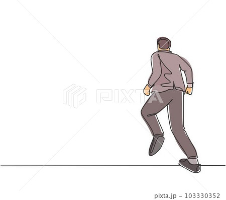 One continuous single line drawing of young energetic male manger doing jogging run exercise to go to the office, from rear view. Business race concept single line draw design vector illustration 103330352