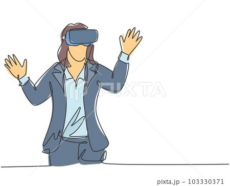 One single line drawing of young happy gamer business woman wearing virtual reality helmet and try to touch. Smart technology futuristic game concept continuous line draw design vector illustration 103330371