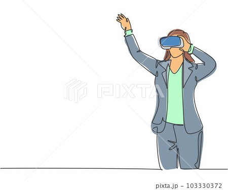 One single line drawing of young happy gamer businesswoman wearing virtual reality glasses and pointing finger. Smart technology futuristic game player concept continuous line draw vector design 103330372