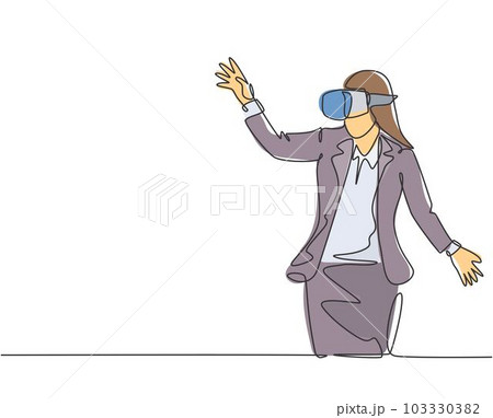 Single continuous line drawing of young happy businesswoman reaching something while playing simulation game. Virtual reality game player concept. Modern one line draw design vector illustration 103330382