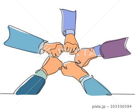 One continuous line drawing group of young male and female business people unite their hands together to form a five star shape. Unity teamwork concept single line draw design vector illustration One continuous line drawing group of young male and female business people unite their hands together to form a five star shape. Unity teamwork concept single line draw design vector illustration 103330394