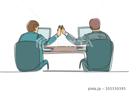 One continuous line drawing of two young happy business men high five when they knew the project running smoothly. Trendy business teamwork concept single line draw design graphic vector illustration One continuous line drawing of two young happy business men high five when they knew the project running smoothly. Trendy business teamwork concept single line draw design graphic vector illustration 103330395