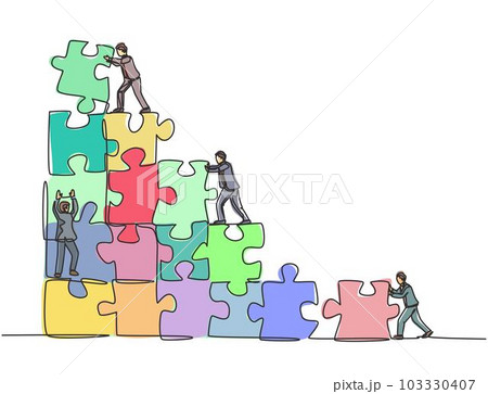 One single line drawing of two young businessman push and arrange puzzle pieces to build a strong building. Trendy business teamwork concept continuous line draw design graphic vector illustration One single line drawing of two young businessman push and arrange puzzle pieces to build a strong building. Trendy business teamwork concept continuous line draw design graphic vector illustration 103330407