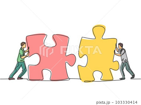 One continuous line drawing of two young businessmen push puzzle pieces to unite them as sign to start business collaboration. Modern unity teamwork concept single line draw design vector illustration One continuous line drawing of two young businessmen push puzzle pieces to unite them as sign to start business collaboration. Modern unity teamwork concept single line draw design vector illustration 103330414
