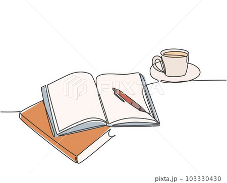 Single continuous line drawing of hand gesture writing on an open book beside a cup of coffee at work desk. Writing draft business concept. Modern one line draw design vector graphic illustration 103330430