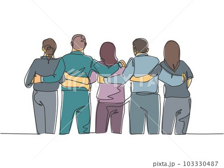 Single continuous line drawing about group of men and woman from multi ethnic standing and hugging together to show their unity bonding. Friendship concept one line draw design vector illustration 103330487