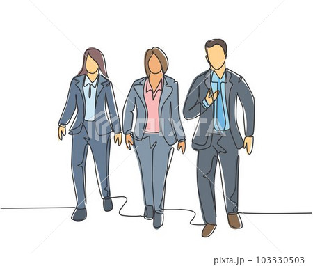One continuous line drawing of young male and female employees talking and walking together on the street to go to city subway. Urban commuters concept single line draw design vector illustration 103330503
