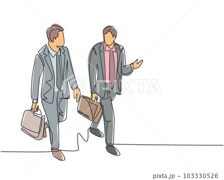 Single continuous line drawing of young happy business men talking to his colleagues when walking approaching the office. Business conversation concept. One line draw design vector illustration Single continuous line drawing of young happy business men talking to his colleagues when walking approaching the office. Business conversation concept. One line draw design vector illustration 103330526