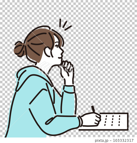 Young woman thinking of something and taking notes Young woman thinking of something and taking notes 103332317
