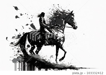 Image painting of person riding a horse drawing using a brush and black ink on white background. Farm animals. Illustration, Generative AI. Image painting of person riding a horse drawing using a brush and black ink on white background. Farm animals. Illustration, Generative AI. 103332412