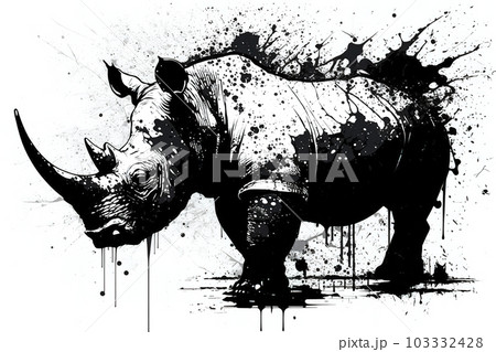 Image painting of a rhino drawing using a brush and black ink on white background. Wildlife animals. Illustration, Generative AI. Image painting of a rhino drawing using a brush and black ink on white background. Wildlife animals. Illustration, Generative AI. 103332428