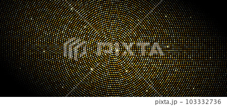 Golden radial halftone background. Gold glitter confetti wallpaper. Retro dotted circles pattern. Design template for banner, flyer, poster, presentation. Vector luxury illustration  103332736