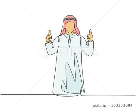 One single line drawing of young happy muslim startup team member giving thumb up gesture. Saudi Arabia cloth shmag, kandora, headscarf, thobe, ghutra. Continuous line draw design vector illustration One single line drawing of young happy muslim startup team member giving thumb up gesture. Saudi Arabia cloth shmag, kandora, headscarf, thobe, ghutra. Continuous line draw design vector illustration 103333094
