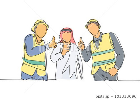 One continuous line drawing of young muslim businessman and building contractor giving thumbs up together. Islamic clothing shemag, kandura, scarf keffiyeh. Single line draw design vector illustration One continuous line drawing of young muslim businessman and building contractor giving thumbs up together. Islamic clothing shemag, kandura, scarf keffiyeh. Single line draw design vector illustration 103333096