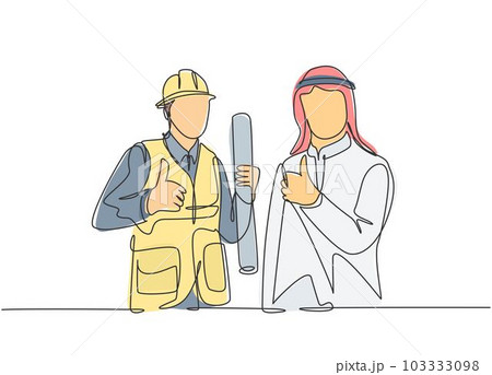 One continuous line drawing of muslim businessman and building constructor collaboration and give thumbs up. Islamic clothing kandura, scarf, keffiyeh. Single line draw design vector illustration One continuous line drawing of muslim businessman and building constructor collaboration and give thumbs up. Islamic clothing kandura, scarf, keffiyeh. Single line draw design vector illustration 103333098