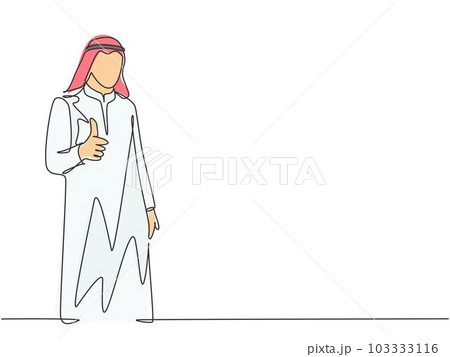 One continuous line drawing of young muslim company branch manager giving thumbs up gestures. Islamic clothing shemag, kandura, scarf, keffiyeh. Single line draw design vector graphic illustration 103333116