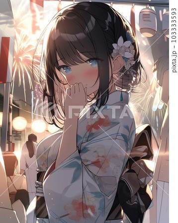 花火をバックにはにかむ浴衣の女性 103333593
