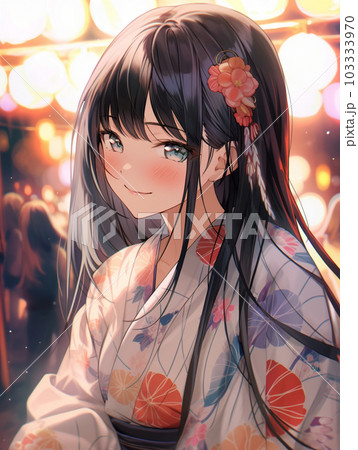 花火をバックに振り返る女性 103333970