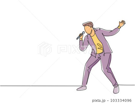 Single continuous line drawing of young happy male pop singer holding microphone and singing on music concert stage. Trendy musician artist performance concept one line draw design vector illustration 103334096