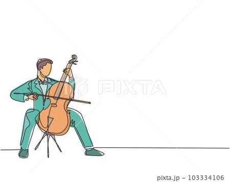 One single line drawing of young happy male cellist performing to play cello on classical orchestra concert. Musician artist performance concept continuous line graphic draw design vector illustration 103334106