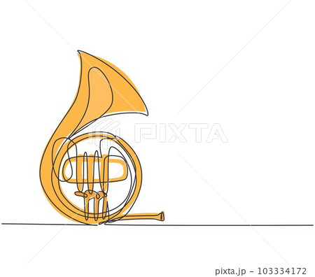 Single continuous line drawing of pocket trumpet. Dynamic wind music instruments concept one line draw design graphic vector illustration Single continuous line drawing of pocket trumpet. Dynamic wind music instruments concept one line draw design graphic vector illustration 103334172