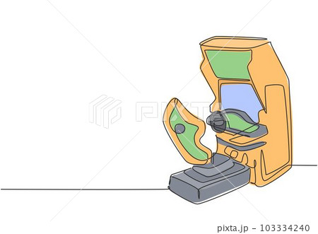 Single continuous line drawing of retro old classic wheel car racing video game machine. Vintage arcade game item concept one line draw design vector graphic illustration Single continuous line drawing of retro old classic wheel car racing video game machine. Vintage arcade game item concept one line draw design vector graphic illustration 103334240