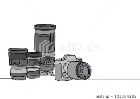 One single line drawing of old retro analog slr camera with set of telephoto and wide lenses. Vintage classic photography equipment concept continuous line draw design vector graphic illustration One single line drawing of old retro analog slr camera with set of telephoto and wide lenses. Vintage classic photography equipment concept continuous line draw design vector graphic illustration 103334288