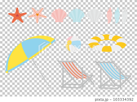 海水浴グッズと貝殻とヒトデのイラストのセット 海水浴グッズと貝殻とヒトデのイラストのセット 103334392