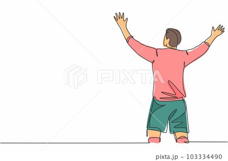 One continuous line drawing of sporty young soccer player spreading his arms and screaming loudly on the field. Match goal scoring celebration concept single line draw design vector illustration One continuous line drawing of sporty young soccer player spreading his arms and screaming loudly on the field. Match goal scoring celebration concept single line draw design vector illustration 103334490