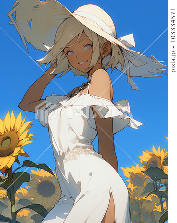 ひまわりと青空をバックに微笑む麦わら帽子をかぶった白いワンピースの女性 ひまわりと青空をバックに微笑む麦わら帽子をかぶった白いワンピースの女性 103334571