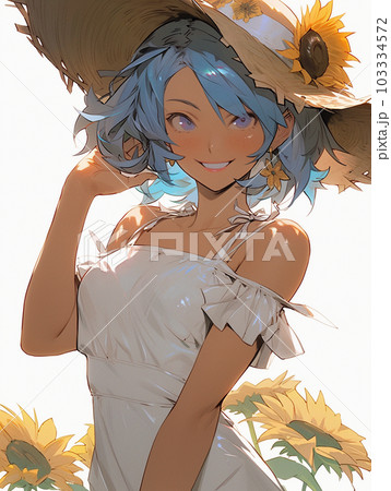 ひまわりと青空をバックに微笑む麦わら帽子をかぶった白いワンピースの女性 103334572