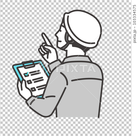 Vector illustration material of a worker wearing a helmet pointing a finger while looking at a checklist / check / inspection Vector illustration material of a worker wearing a helmet pointing a finger while looking at a checklist / check / inspection 103334575