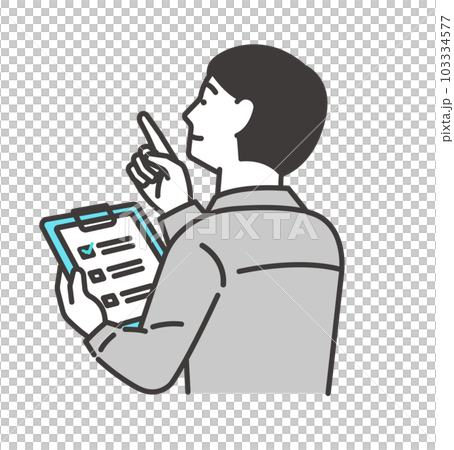 Vector illustration material of a worker pointing a finger while looking at a checklist / check / explanation / inspection 103334577