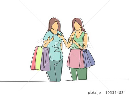 One continuous line drawing two young happy women friend holding paper bags while shopping together. Shopping clothing, dress, fashion, makeup in mall concept. Single line draw design illustration 103334824